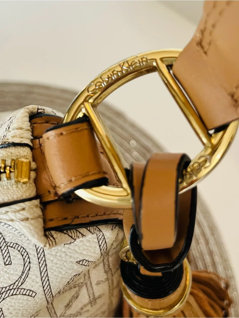 CALVIN KLEIN Shoulder Bag “HOLLY” Monogram Hobo Gold-Tone Tassel 13x11x6”